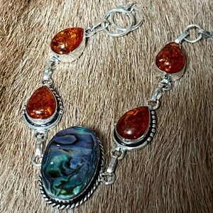925 Silver Abalone shell and Amber Bracelet